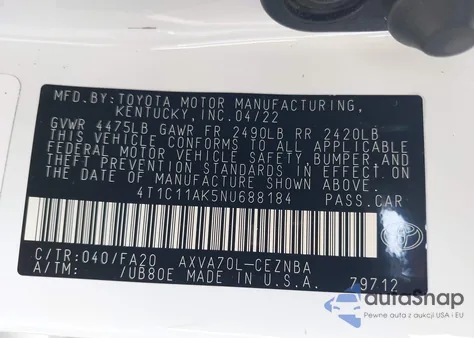 2022 Toyota Camry Le из США, поврежденный, VIN 4T1C11AK5NU688184